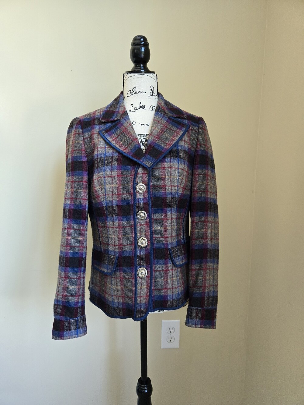 Tribal Wool Blend Blazer Jacket Womens 6 Plaid Dark Academia Buttoned